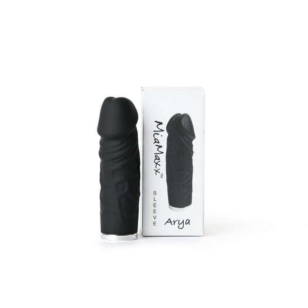 Black ARYA Penis Shape Sleeve by MiaMaxx with realistic design and 5.3-inch length